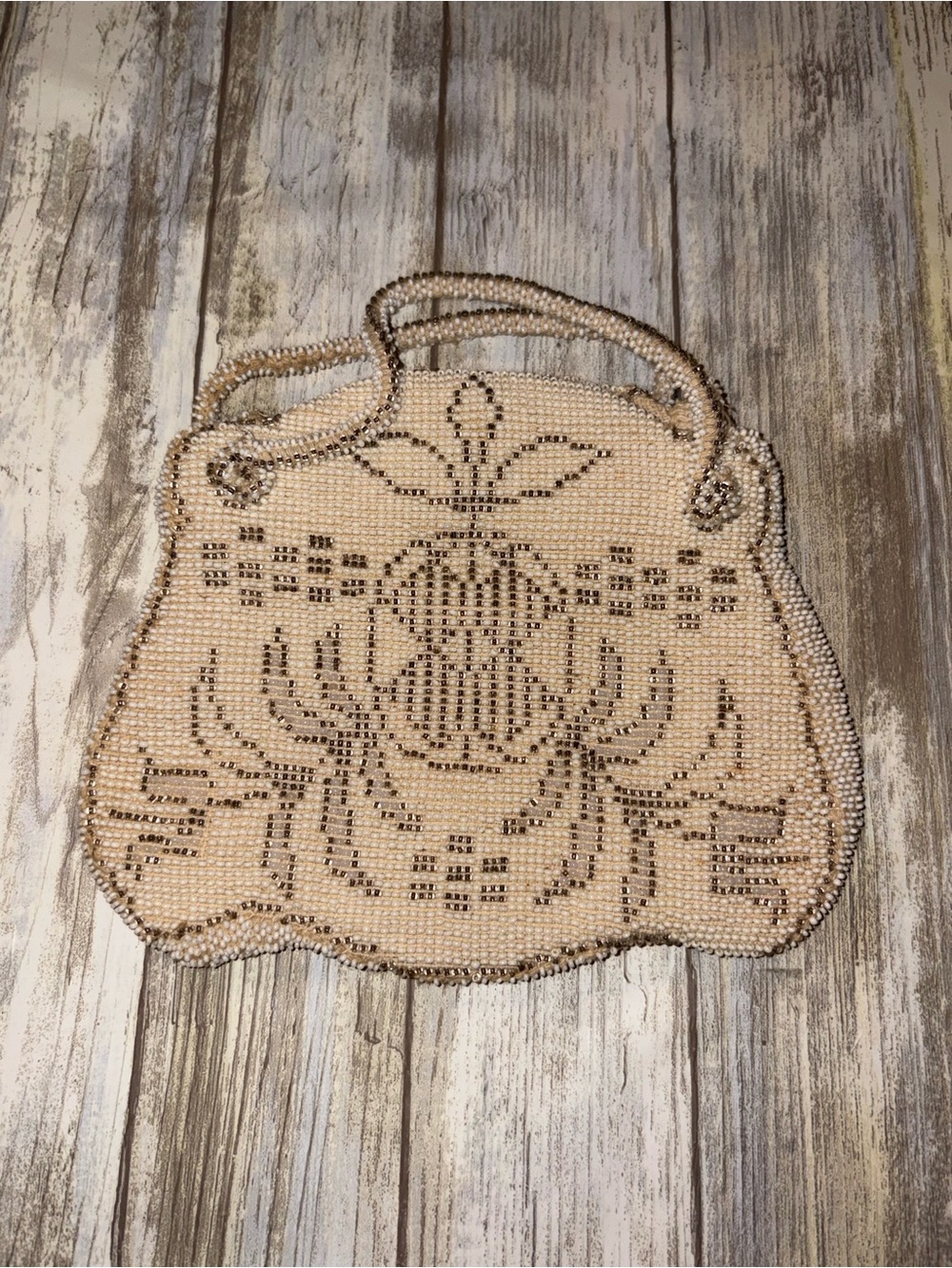 Antique Beaded Cream Evening Clutch with Brown Accented Floral Motif